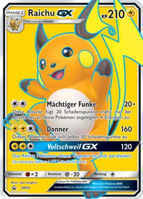 A Pokemon trading card featuring Raichu GX.