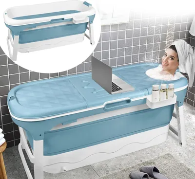 Produktbild von Sessamen-LP Faltbare Badewanne Erwachsene XXL Mobile Tragbare Badewanne Mit Abdeckung Massagerollen und Badewannenablage, Blau (148 x 62x 53 cm)