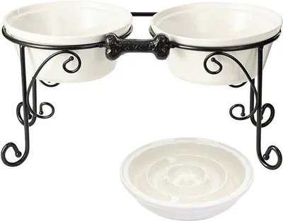 Produktbild von Hunde-Becken, Keramik, doppeltes Hunde-Futterbecken, erhöhter Hunde-Bar für mittelgroße und große Hunde, Hunde-Futter-Station mit 2 x 2400 ml Premium-Hunde-Becken, Keramik (groß, weiß)