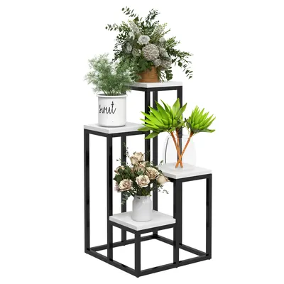 Produktbild von Outsunny Pflanzenständer Stahl, Blumenregal, Pflanzenregal Blumentreppe mit 4 Ebenen, Blumenständer, Pflanzentreppe für Garten, Balkon, Weiß, 34 x 34 x 70 cm