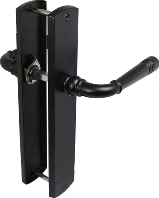A black door handle set on a white background.