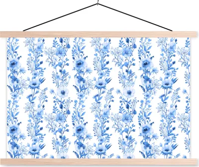 Produktbild von MuchoWow® Textilposter Blumen - Anemone - Muster - Blau 120x80 cm mit holzfarbenen Rahmen - Aufhängeset