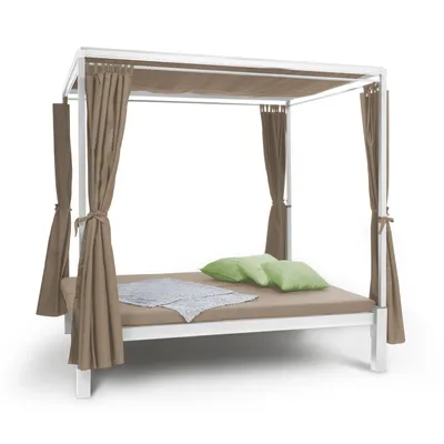 Produktbild von blumfeldt Senator Lounge Gartenliege - Doppel-Gartenliege , Lounge-Pavillon , 188 x 208 x 205 cm , 8 cm Polsterung , Sichtschutz-Vorhänge , wasserfest , Sonnendach , Stahlrahmen , max. 350 kg , Taupe