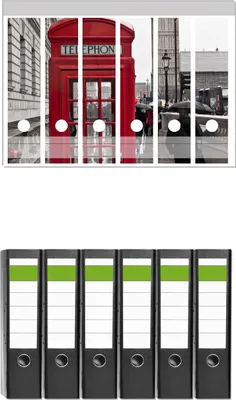 Produktbild von Wallario 6 Stück breite Ordner inkl. Klebeetiketten mit Motive Rote Telefonzelle in London  England  mit Big Ben -  Set mit Rückenschildern / Ordnerrücken Stickern