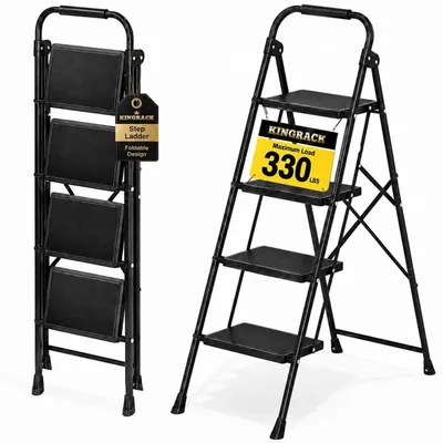 Obrázek produktu pro Žebřík s 4 stupni, s madly a širokými schůdky, skládací, černý, nosnost do 150 kg