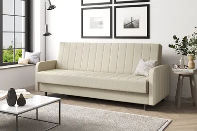 Produktbild von MEBLINI Sofa mit Schlaffunktion - Schlafcouch Ausziehbar - Schlafsofa mit Bettkasten - Sofabett - Couch mit Schlaffunktion - Klappsofa - ANDRES 3 - 218x87x93cm - Creme Webstoff