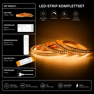 Produktbild von LED Streifen Set Warmweiß 3000K – SMD LED Streifen 24V, 9 W/m, 1500 lm/m, 5m – SS60 Netzteil, SZ2 Zigbee 3.0 Controller und C1 Fernbedienung Weiß