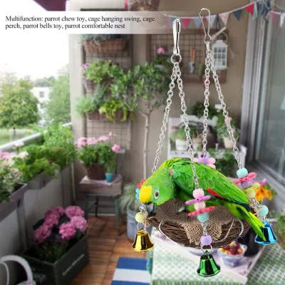 Produktbild von Vogel Rattan Nest,Vogel hängenden Nest Spielzeug,Nest Spielzeug mit Glocken,Vogel Swing Perch Spielzeug,Käfig Hängematte
