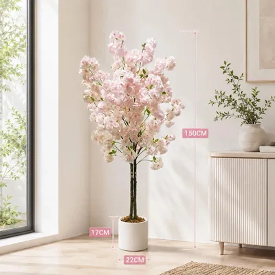 Image de Arbre de cerisier en fleurs artificiel - Décoration Sakura, arbre de 150 cm - Fleurs en soie - Plante artificielle pour intérieur - Mariage et fête - Blanc