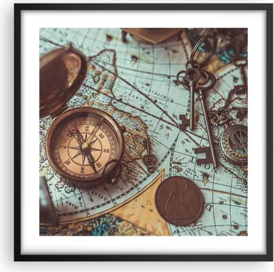 Produktbild von Gerahmtes Poster - Schwarzer Rahmen - Kompass Vintage Karte - 50x50 cm - Wand Bild - Wanddeko - Wandbilder - Kunstposter - Wandposter - Bilderrahmen - Bilder - Kunstdruck - Wandbild - P2BAC50x50-4302