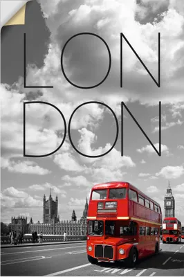 Produktbild von ARTland Wandbild, selbstklebend Rote Busse in London | Text & Skyline Größe: 20x30 cm