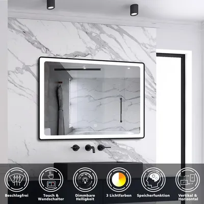 Produktbild von AICA LED Badspiegel 80x60cm Touch/Wandschalter Beschlagfrei 3 Lichtfarbe 3000K-6000K+Dimmbar Badezimmerspiegel mit Schwarz Rahmen Wandspiegel IP44