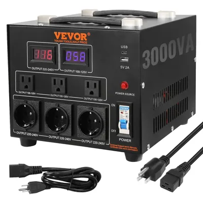 A black voltage transformer with digital displays and multiple outlets.