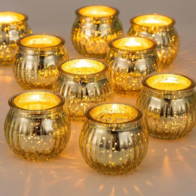 12er-Set Gläserne Teelichthalter Gold, Kürbisform, 5,3 cm