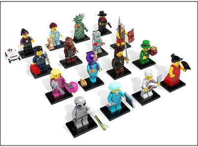 A collection of Lego minifigures arranged on a white background.