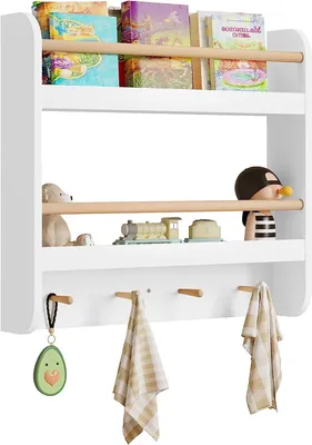Zdjęcie produktu dla Półka na książki dla dzieci z 2 półkami i 4 haczykami | 60x12x55 cm