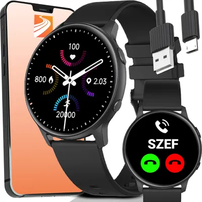 A smartwatch and a smartphone are displayed together, along with charging cables.