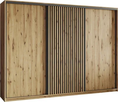 Produktbild von Masseno Schiebetürenschrank VONTE 250/205/60 cm Kleiderschrank mit Lamellen und Schubladen Schlafzimmer Schrank 3-türig Eiche Artisan + Schwarz