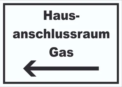 Produktbild von Hausanschlussraum Gas Schild mit Text und Richtungspfeil links HAR waagerecht A6 (105x148mm)