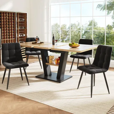 A dining set with a table and chairs in a well-lit room with a large window.
