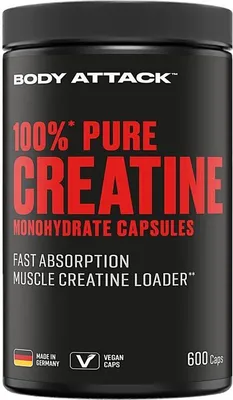 Produktbild von Body Attack 100% Pure Creatin - 600 Kapseln -  Germany - hochwertiges mikrofeines Kreatin Monohydrat - Hochdosierte Creatin Kapseln für die praktische Einnahme