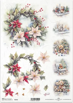 Produktbild von ITD Reispapier Decoupage Bastelpapier Serviettentechnik-R2442 Teddybärgirlanden unter dem Weihnachtsbaum