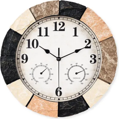 A round wall clock with a stone-like border and two gauges on its face.
