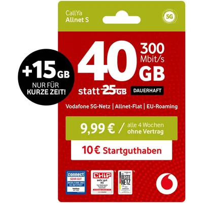Produktbild von Vodafone Prepaid CallYa S | 40 GB statt 25 GB | 10 EUR Guthaben | ohne Vertrag | 5G | Allnet Flat | EU-Roaming | Weltweit nutzbar