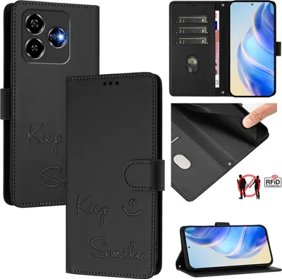 Collage of images showing a black leather phone case for a ZTE Blade V60 Vita / Axon 60 Lite, with various angles and features displayed.