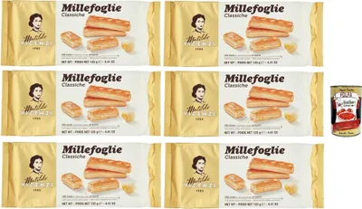 Produktbild von Matilde Vicenzi Millefoglie Classiche, Italienische Blätterteigstangen, zart, leicht und knusprig mit unwiderstehlicher und butterartiger Geschmack! 6x 125g kekse + Italian Gourmet polpa 400g