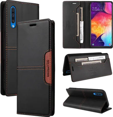 Collage of images showing a black leather flip wallet phone case for a Samsung Galaxy A70, with different angles and views of its features.