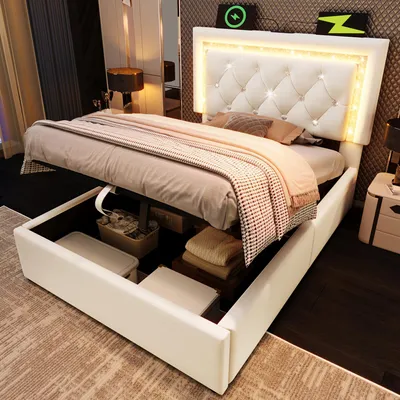 Productafbeelding van Boxspringbed 90x200, fluweel, LED-diamantband, USB & USB-C, hydraulische opbergruimte, lattenbodem, zonder matras.
