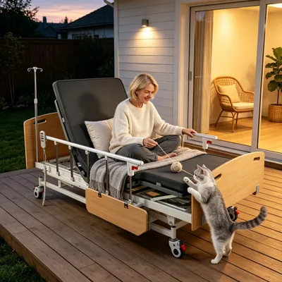 Produktbild von Elektrisches Pflegebett 4 Funktionen, höhenverstellbares Krankenbett 29–60 cm mit Matratze, Seitengitter, Tischplatte, Infusionsständer, 205 kg