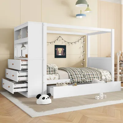 Produktbild von Flieks Holzbett Jugendbett 90x200cm mit Stauraum und Seitenschrank, Klassisches Bett Einzelbett mit Lattenrost, Kinderbett Himmelbett, Weiß