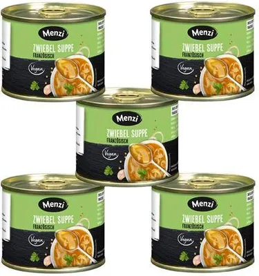 Produktbild von Menzi Zwiebelsuppe französisch 1000 Ml Dosen Intensiv nach Zwiebeln mit leichte Weinnote Tafelfertig - in der praktischen 5er Stange = 5 Dosen à 200 ml Vegan Glutenfrei