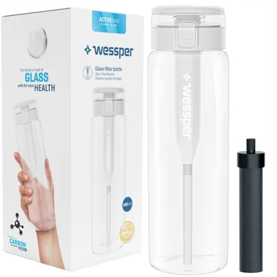Obrázok produktu pre Fľaša na vodu s filtrom Wessper, fľaša z borosilikátového skla 680 ml, fľaša na vodu bez obsahu Bpa s filtrom na perlivé nápoje | Vonkajšia filtračná fľaša s aktívnym uhlím a slamkou priehľadná