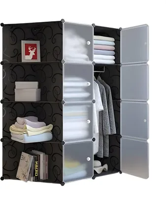 Produktbild von Modularer Kleiderschrank 12 Fächer 111x47x147 cm – DIY Stecksystem Aufbewahrungsschrank – Stofffreier Kunststoff Kleiderschrank Schwarz