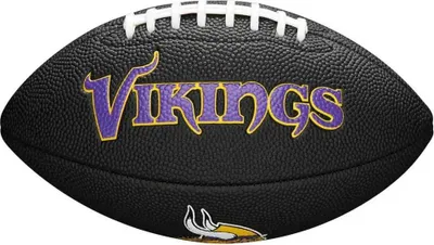 A black football with the word "Vikings" in purple and gold lettering.