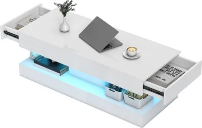 Zdjęcie produktu dla Stolik kawowy z szufladami i oświetleniem LED, biały MDF
