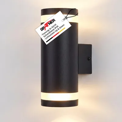 Produktbild von Grafner Aluminium Wandlampe schwarz, mit nach oben und unten gerichtetem Lichtschein, IP44, 2x GU10 Fassung, Wandleuchte rund Down Light Wand Lampe Außen Hof Einfahrt nach oben unten scheinend