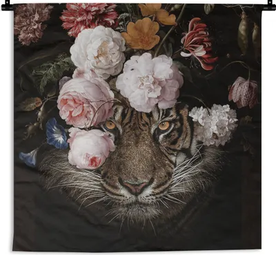 Produktbild von MuchoWow® Wandteppich Wandbehang Tiger - Blumen - Kunst 90x90 cm Tapisserie Dekoration Wandtuch - Wandaufhänger