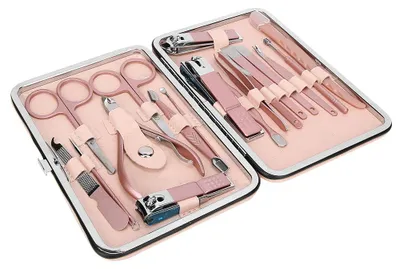 Image de Set de 18 outils pour les ongles en acier inoxydable, outils pour les mains, set de coupe-cuticules, 18 pièces, or rose