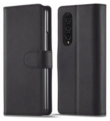 A black flip case for a Samsung Galaxy Z Fold 3 phone is shown from two angles.