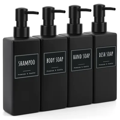 Produktbild von Nachfüllbarer Seifenspender aus Kunststoff, Set mit 4 Shampoo-Spendern für die Dusche, 500 ml, Handseifenspender mit wasserfesten Etiketten (matt schwarz)