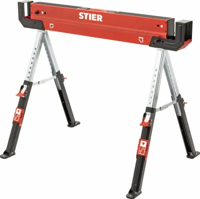 Produktbild von STIER Falt-Arbeitsbock Sägebock höhenverstellbar 590 kg, rutschfester Stand und Arbeits-Oberfläche, Klappbock, Arbeits-Unterstellbock, Sägebock, Metallbock, Tischbock klappbar