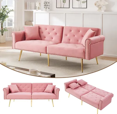 Immagine prodotto di Divano letto a due posti Merax con funzione letto e schienale regolabile, rivestimento in velluto e piedini in metallo dorato – Cuscini e vano portaoggetti inclusi, rosa
