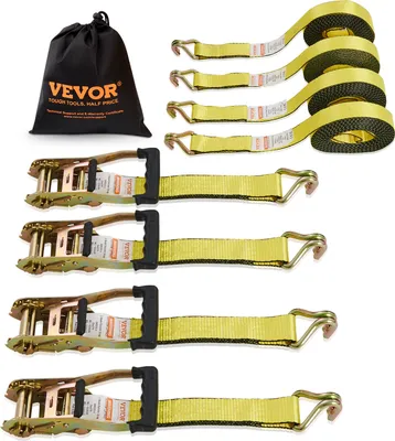 Image de Lot de 4 sangles VEVOR 0,05 x 8 m Sangle d'arrimage 4536 kg Sangle à cliquet Sangle en polyester et crochet en acier au carbone Sangle de fixation Sangle d'arrimage à cliquet Idéale pour les motos Vélos Kayaks UTV Bateaux ATV