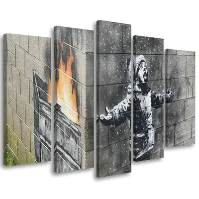 Image de Tableau en toile 5 pièces Banksy Smog Boy Rue 150 x 100 cm Feeby gris Tableau mural prêt à accrocher