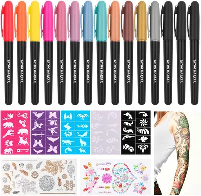 Produktbild von Tattoo Stifte für Kinder, 15 Stück, hautfreundlich, mit 50 Schablonen, für Karneval und Halloween