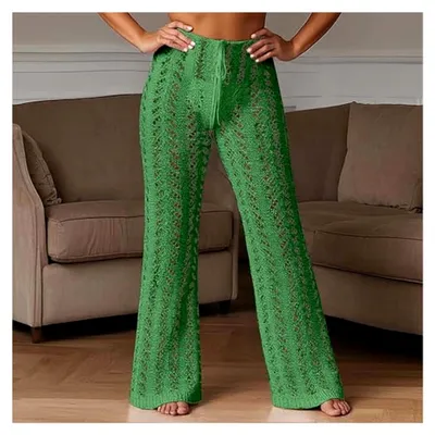 Produktbild von Damen Sommerhose Strand Cover Up Hose Gestrickt Transparent Bikinihose mit Elastischem Bund Hohe Taille Netzhose Boho Schlaghose Sonnenschutz Häkelhose Kordelzug Strandhose